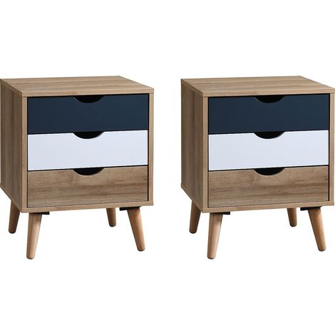 Comodino 3 cassetti Naturale, Bianco e Blu marine - Lotto di 2 - LURVIA
