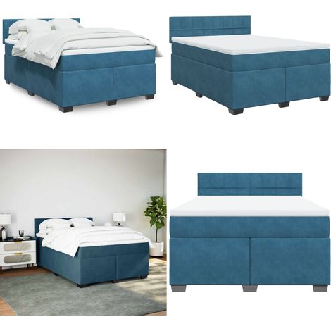 Sommier à lattes de lit et matelas Bleu foncé 140x190cm Velours - Lit Double - Lit Plateforme - Matelas À Ressorts Ensachés - Literie - Chambre À Coucher - Home & Living