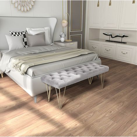 Panca ingresso 116x44.5x49 cm, seduta comoda, struttura in ferro, velluto grigio chiaro (1/5)