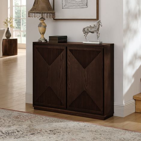 Buffet en forme de V de style moderne du milieu du siècle, avec espace de rangement, buffet étroit pour salon, entrée, cuisine ou coin café, en noyer foncé (1/4)