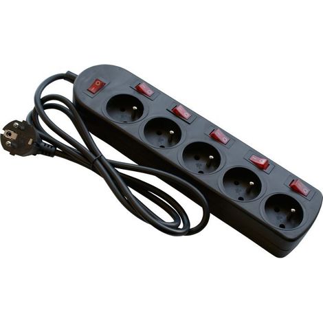 Rallonge électrique économique 5 prises avec interrupteurs, 1,5 m, avec ou sans câble /H05VV-F 3x1/ noir EPS-501,5W6-2
