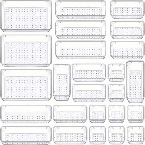 Lot de 25 Organisateurs de Tiroir – 4 Tailles, Rangement Tiroir en Plastique Transparent – Parfait pour Salle de Bain, Coiffeuse, Bureau, Cuisine, Outils et Maquillage