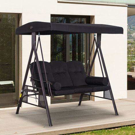 Columpio estilo Hollywood para 3 personas, techo inclinable, estructura metálica, marrón y negro, 116 x 206 x 183 cm.