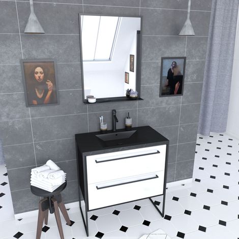 Set Mobile bagno 80x50 cm - 2 cassetti BIANCHI - Lavabo in resina nera effetto pietra - Specchio