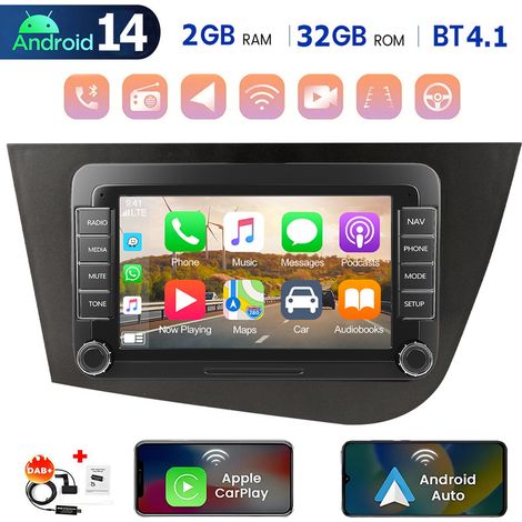 DAB+ (en option) pour Seat Leon 1P1 (2005-2012) Android 14 32/64 Go Autoradio CarPlay GPS Wi-Fi RDS Bluetooth FM - 2+32G DAB+