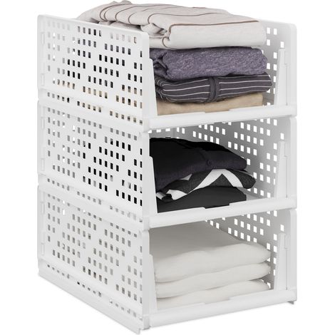 Relaxdays Bac de rangement, lot de 3, bacs empilables les uns sur les autres, 18 x 33,5 x 43,5 cm, blanc