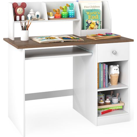 COSTWAY Kids Study Desk Wooden Writing Table with Keyboard Tray & Drawer-Natural