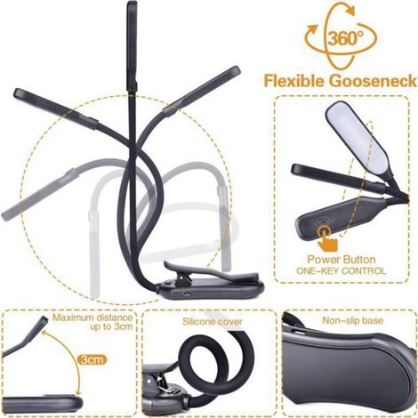 2 Lampes de Lecture LED3 Modes de LuminositFlexible 360Clip de Lumire pour KindleLiseuse de Nuit (1/4)