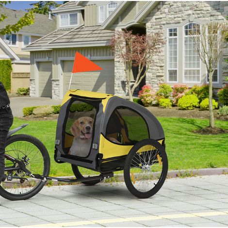 Remorque vélo pour chien 20 kg, 140 x 71 x 83 cm, jaune, fenêtres en maille OKMYHOME (1/5)