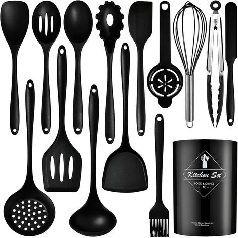 Ensemble de 15 ustensiles de cuisine en silicone avec poignée en acier inoxydable résistants à la chaleur et antiadhésifs avec porte-ustensiles lavables au lave-vaisselle noir (sans BPA) (1/5)