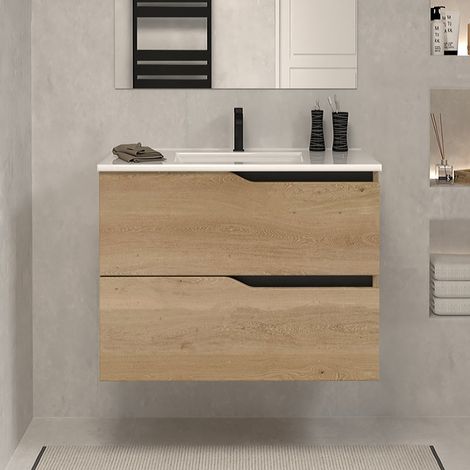 Meuble sous vasque seul, 2 tiroirs, 60cm, pour simple vasque - madera miel (chêne clair) - LUNA