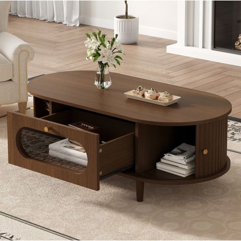 Tavolino da salotto 100x50x36 cm in MDF noce, 1 cassetto, salvaspazio - MEUBLIV (1/5)