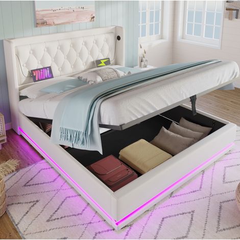Lit coffre 140x200 cm blanc en PU avec éclairage LED, ports USB et USB-C (1/5)