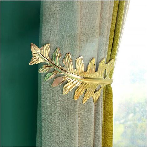 Rideau Embrasse Vintage Feuille Dorée, Crochet Décoratif Rétro en Laiton, Grand Crochet Tringle Murale, Lot de 2 Fixations Antiques pour Rideaux (1/5)