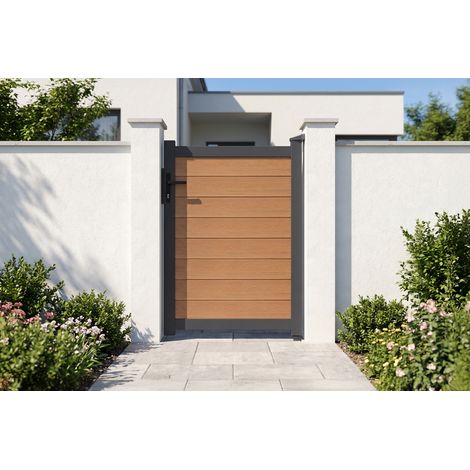 Portillon bois composite plein 1m ATHOS H.140cm teck avec cadre aluminium (1/5)