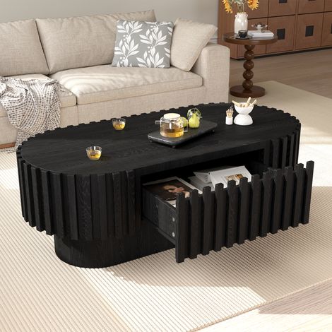 Table basse 100×50×35.5 cm — en matériau bois — de couleur noir — charge maximale 20 kg — façades à lamelles verticales — pour salon — montage facile — finition lisse facile à entretenir (1/5)