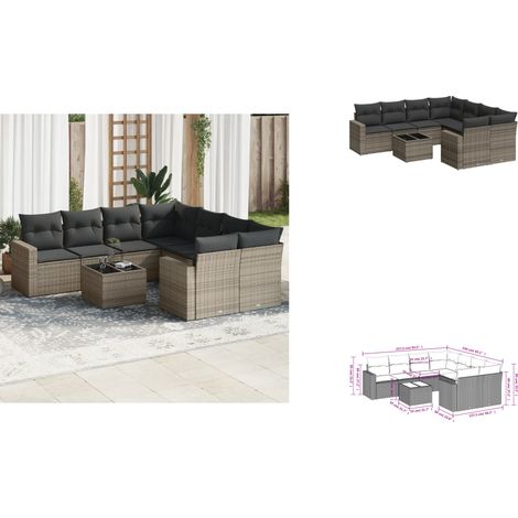 9-tlg. Garten-Sofagarnitur mit Kissen Grau Poly Rattan - Gartenmöbel - PE-Rattan Möbel - Outdoor Sofa - Lounge Set - Esstisch (1/3)
