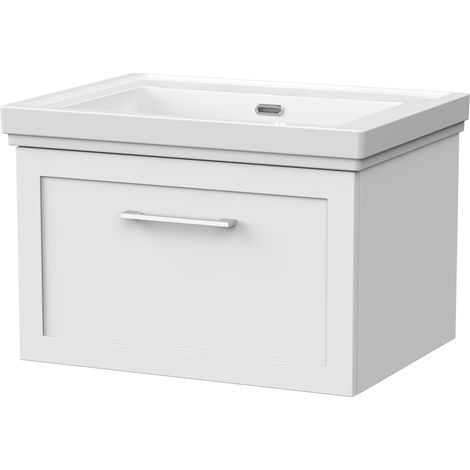 Stonnall Traditional Wall Hung 1 Drawer Vanity Unit with Traditional 0 Tap Hole Fireclay Basin, 600mm, Matt White