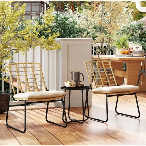 Salon de jardin en rotin 3 pièces pour 2 personnes avec 2 chaises empilables, table ronde, coussins beige, idéal balcon, terrasse et petit espace  CHICFURN (1/5)
