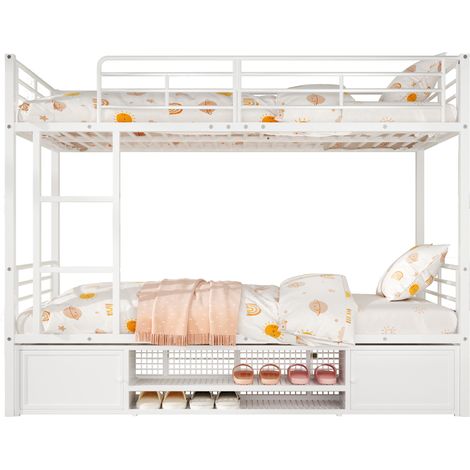 Lit superposé enfant 90x200 cm en métal blanc avec échelle 3 marches, garde-corps 4 côtés, rangement chaussures et petits placards pour chambre compacte, CHICFURN (1/5)