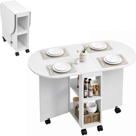 Table de salle à manger pliante à roulettes, table de cuisine avec rallonges rabattables et 2 étagères ouvertes, 120 x 60 x 77 cm, blanche (1/5)
