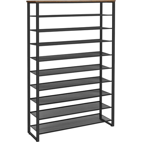 Étagère à Chaussures à 10 Niveaux, 100cm Porte-Chaussures, Rangement à Chaussures, pour 40-50 Paires, Gain de Place, pour Entrée, Salon, Chambre, Marron Rustique et Noir (1/5)