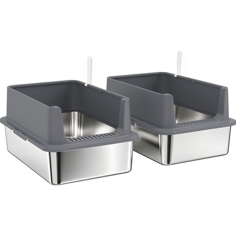 Ensemble de 2 bacs à litière pour chats en acier inoxydable XL, rebord haut, 2 pelles, pour grands chats et chatons multiples, gris foncé (1/5)