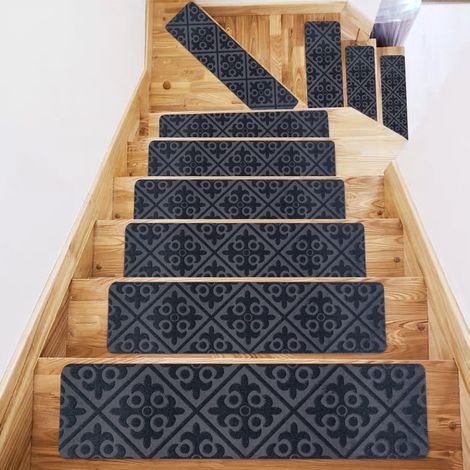 Marches d'escalier antidérapantes, 15 pièces par paquet, 76x20 cm, marches d'escalier intérieures en bois, gris foncé avec bordure. (1/5)