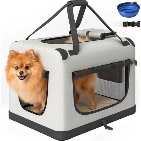PawHut transportín para perros gatos plegable, 60x42x44cm, correa para coche, cojín lavable, cuenco plegable, 2 bolsillos, perros pequeños, gris claro (1/5)