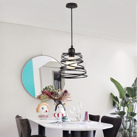 Lustre Suspension E27 20cm Lampe de Plafond Cage Métal Rétro Vintage Industrielle Noir (1/4)