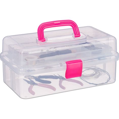 Set of 10 Relaxdays Transparent Plastic Storage Boxes, 9 Compartments for Small Tools, Press Lock, HWD 14x33x19cm, Pink
