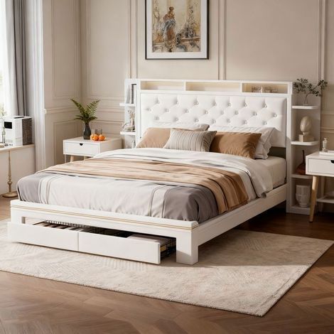 Letto 140x190 - Velluto bianco - 2 cassetti - LED e USB - Rete a doghe inclusa