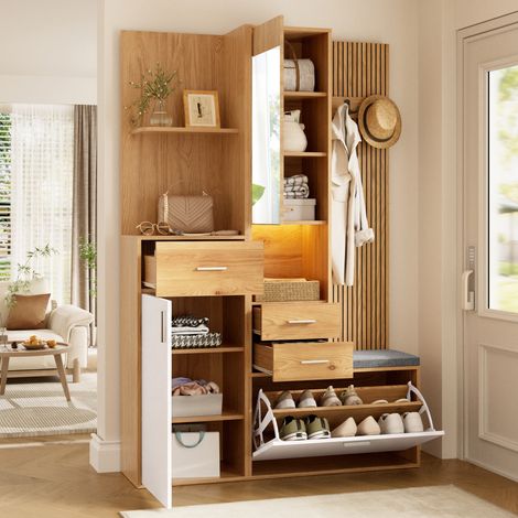 Meuble d'entrée compact avec penderie, étagère à chaussures, miroir et banc, éclairage LED via appli, placard à tiroirs et casier à chaussures pliant, mobilier couloir moderne. (1/5)