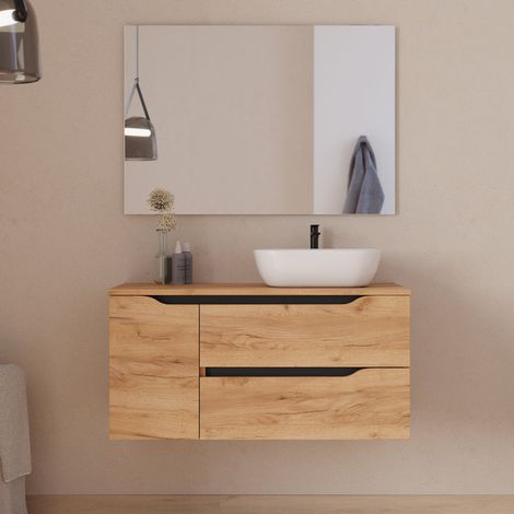 Meuble de salle de bain 100cm avec plateau, vasque à poser déportée à droite Zeus et miroir - 2 tiroirs et un placard - roble (chêne clair) - ZARZA