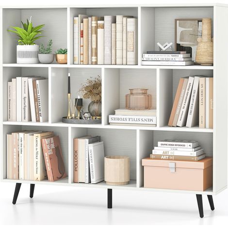 Libreria a 10 cubi 120 x 24 x 107 cm, organizer con 5 gambe in metallo, ripiano affusolato con 2 Kit anticaduta per soggiorno, ufficio, bianco (1/5)