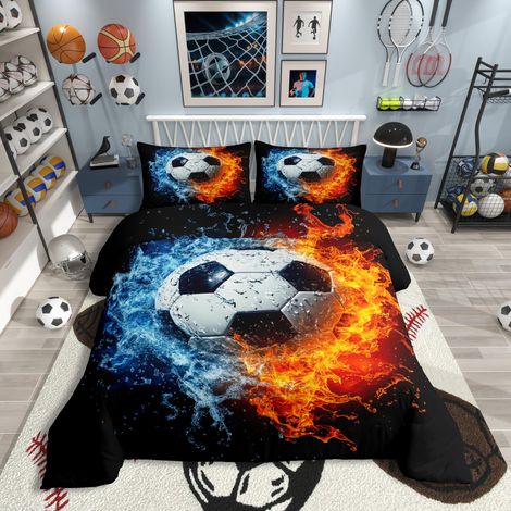 Parure de lit 2 pièces en microfibre avec housse de couette 135 x 200 cm, thème sportif, eau, éclaboussures, flamme rouge, pour adolescents, sports cool, amateurs de football (1/5)