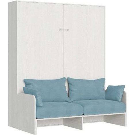 Letto matrimoniale a scomparsa 160 Kentaro con divano bianco frassino, azzurro