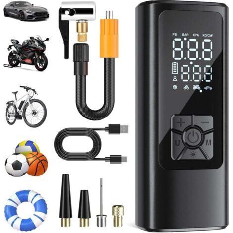 Car Tire Inflator, Cordless Portable Air Compressor, 150 PSI (10.3 Bar), Electric Inflator, Bicycle Pump, Fast Inflation, Auto Shut-Off, LED, for Car, Motorcycle, Bike, Balloon (1/4)