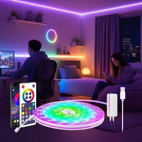 ROSNEK Guirlande lumineuse néon LED RGBIC 3 m 180 LED, ruban néon USB 5 V Bluetooth avec synchronisation musicale, multicolore (1/5)