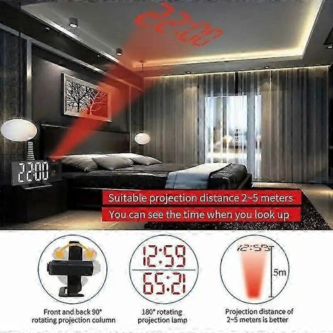 Réveil numérique LED, horloge à projection, horloge suspendue avec affichage de l'heure et de la température, rétroéclairage et fonction snooze convient à la décoration de la chambre fond rouge avec (1/4)