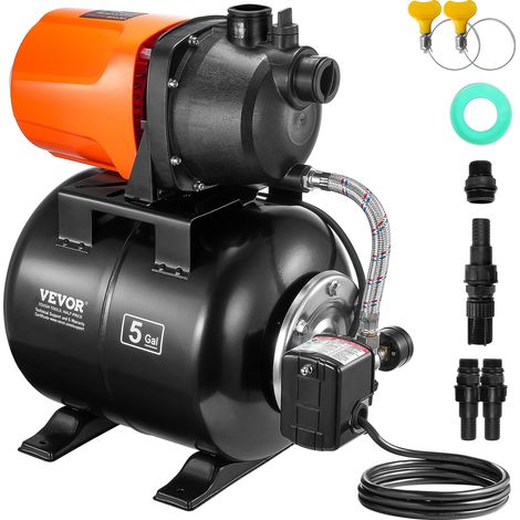 VEVOR Groupe de Surpression, 735 W, Pompe de Puits Peu Profonde, Reservoir Pression 19 L, 3700 L/h, Tete 50 m, Aspiration 8 m, Pressostat 20/40 PSI, Tete de Pompe Thermoplastique, pour Pelouse, Jardin