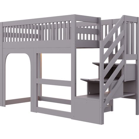 Cama alta infantil 90 x 200 cm gris con escalera, LED, barandilla y somier HOMVRA (1/5)