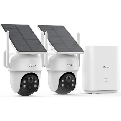 AOSU 2K Camara de Vigilancia Solar WiFi Exterior, 2 Kit Cámaras con Homebase, Sin Suscripción, 3MP Camaras de Vigilancia Sin Cables Panel Solar, 360° PTZ, Seguimiento Automático, Audio Bidireccional
