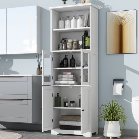 Colonna bagno in MDF bianco 57,5 cm con 4 ante, ripiani regolabili e vani a giorno