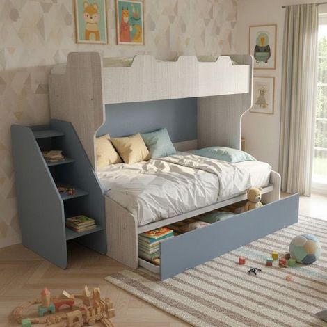 Letto a castello 3 posti con terzo letto estraibile e scaletta contenitore - Una piazza e mezza - Rovere Rock e Avio