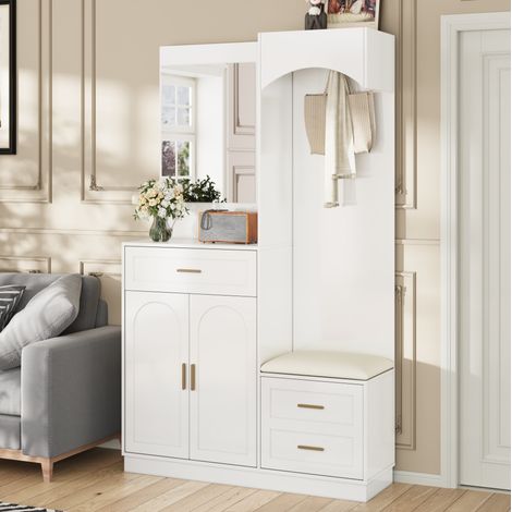 Mueble zapatero con espejo, perchero, banco y cajones 110 x 33 x 185,5 cm blanco DESVIAE (1/5)
