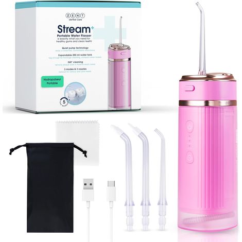 Stream+ Jet dentaire hydropulseur, Irrigateur buccal,3 Embouts spécialisés, Pression réglable, élimination de la plaque dentaire, Rose (1/5)