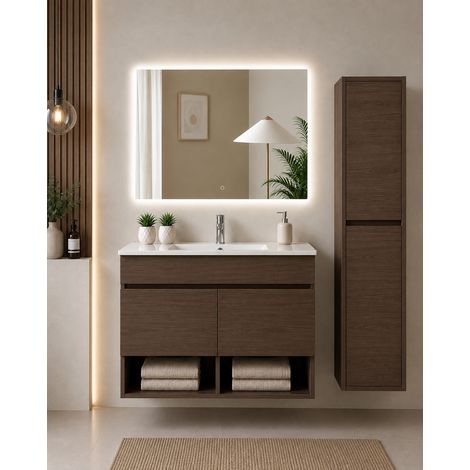 Mueble de baño suspendido con lavabo extraplano ORIGENBATH NEBARI con puertas sin espejo 50x40 cm fresno tea con columna (1/5)
