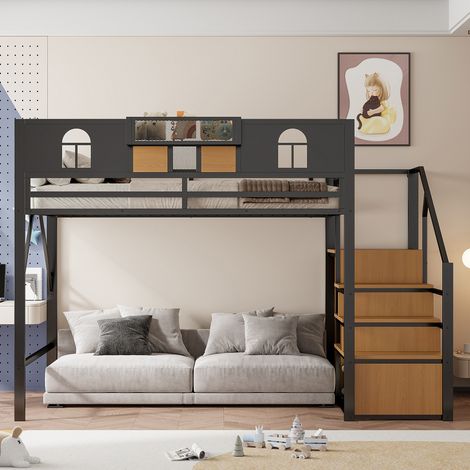 DESVIAE Lit mezzanine 140 x 200 cm avec échelle de rangement étagère intégrée panneaux en bois maille métallique garde corps surélevé noir (1/4)