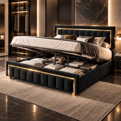 Lit double adulte 140 x 200 - Lit coffre capitonné 140 x 200 - Velour Noir - Sommier à lattes - Décor à rayures verticales et bordures dorées - Moderne (1/5)